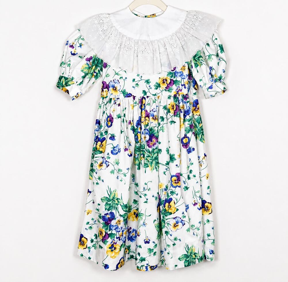 Ance K Floral Dress Eyelet Collar Cottagecore White Cotton Blend Girls 7